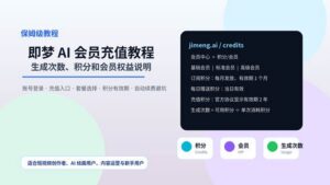 即梦 AI 会员充值教程封面，展示积分、会员权益和生成次数说明