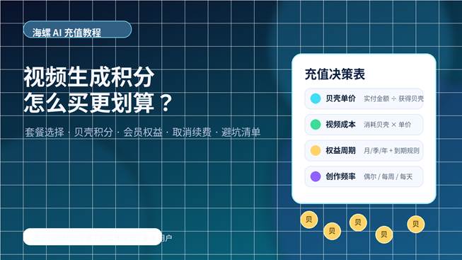 海螺 AI 充值教程封面图，展示视频生成积分、贝壳单价、会员权益和套餐选择。