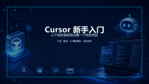 Cursor 新手入门教程封面图，深蓝科技背景搭配 AI 图标和网页项目流程元素