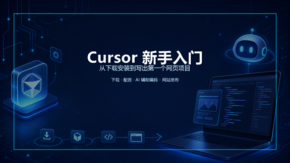 Cursor 新手入门教程封面图，深蓝科技背景搭配 AI 图标和网页项目流程元素
