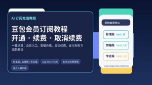 豆包会员订阅教程封面图，展示开通、续费、取消续费和套餐选择流程