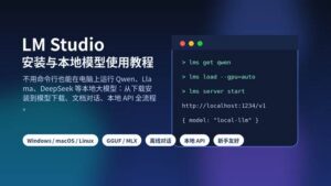 LM Studio安装与本地模型使用教程封面，展示本地大模型下载、加载和API调用流程