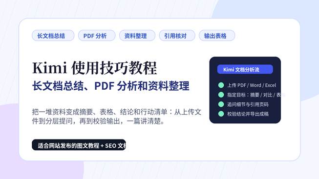 Kimi 使用技巧教程封面图，展示长文档总结、PDF 分析和资料整理流程