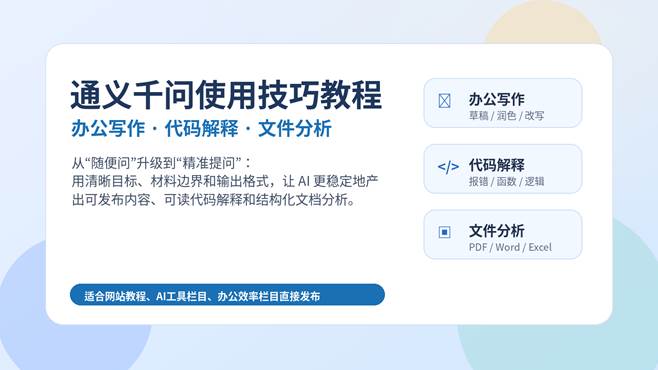 通义千问使用技巧教程封面图，展示办公写作、代码解释和文件分析三大应用场景