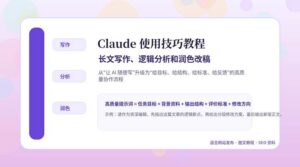 Claude 使用技巧教程封面图，展示长文写作、逻辑分析和润色改稿三大使用场景