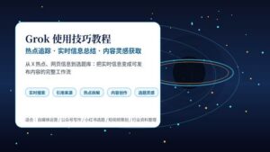 Grok 使用技巧教程封面图，展示热点追踪、实时总结和内容灵感获取流程。