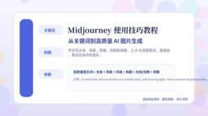 Midjourney 使用技巧教程封面图，展示关键词、构图和参数三大核心主题
