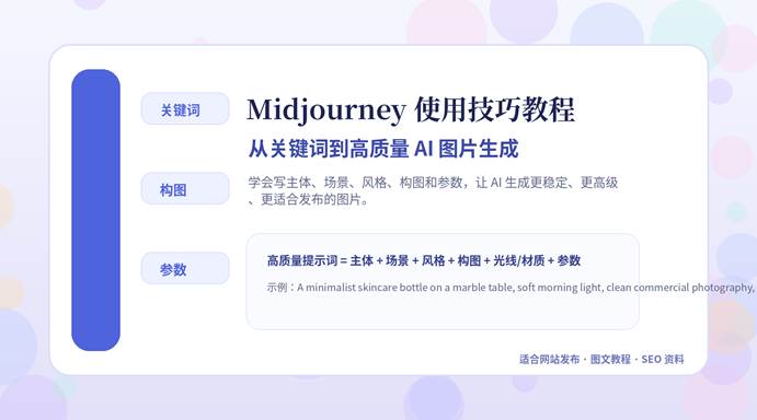 Midjourney 使用技巧教程封面图，展示关键词、构图和参数三大核心主题