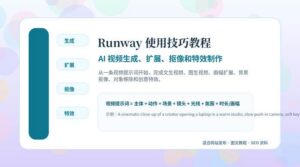 Runway 使用技巧教程封面图，展示 AI 视频生成、扩展、抠像和特效制作流程