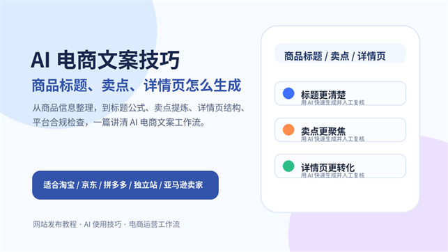 AI 电商文案技巧封面图，展示商品标题、卖点和详情页生成流程