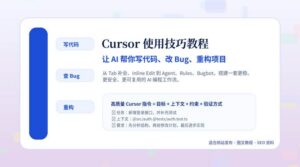 Cursor 使用技巧教程封面图，展示 AI 写代码、查 Bug 和重构项目三大场景