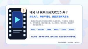 可灵 AI 视频生成失败排查教程封面图，展示排队、审核和画面异常解决方法