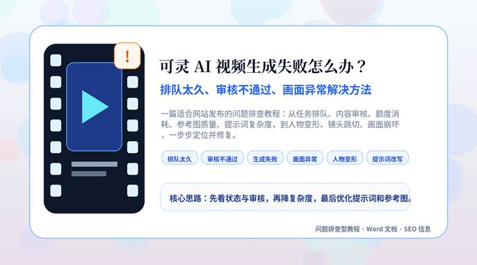 可灵 AI 视频生成失败排查教程封面图，展示排队、审核和画面异常解决方法