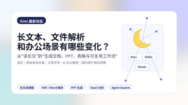 Kimi 最新功能更新封面图，展示长文本、文件解析、Docs、Slides、Sheets 和 AI 办公工作流。
