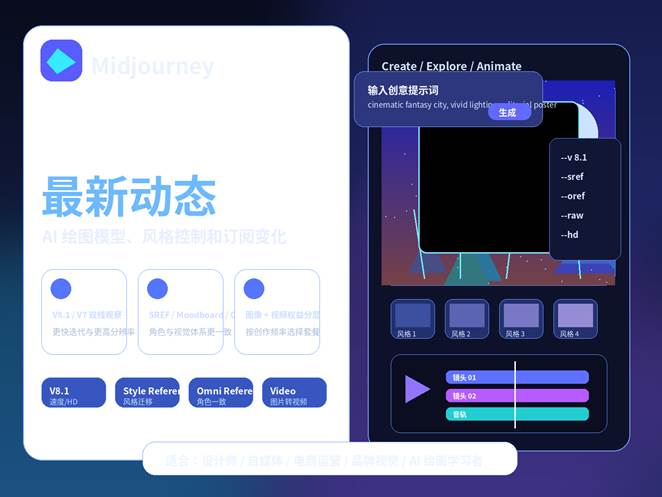 Midjourney 最新动态封面图，展示 AI 绘图模型、风格控制、图片转视频和订阅变化。