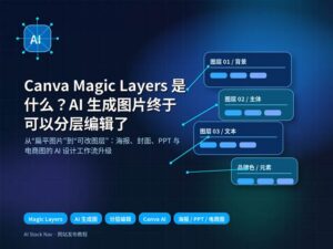 Canva Magic Layers AI 生成图片分层编辑教程封面图，深蓝科技感背景，包含 AI 图层、流程线和设计元素。