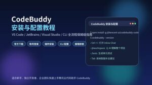 CodeBuddy安装与配置教程封面图，展示VS Code、JetBrains、CLI等AI编程环境