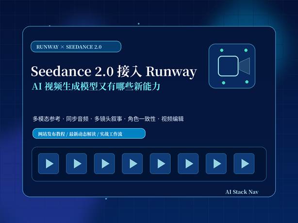 Seedance 2.0 接入 Runway 的 AI 视频生成工作流封面图，展示多模态输入、多镜头视频和同步音频能力
