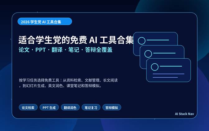 适合学生党的免费 AI 工具合集封面，包含论文、PPT、翻译、笔记、答辩五类学习场景