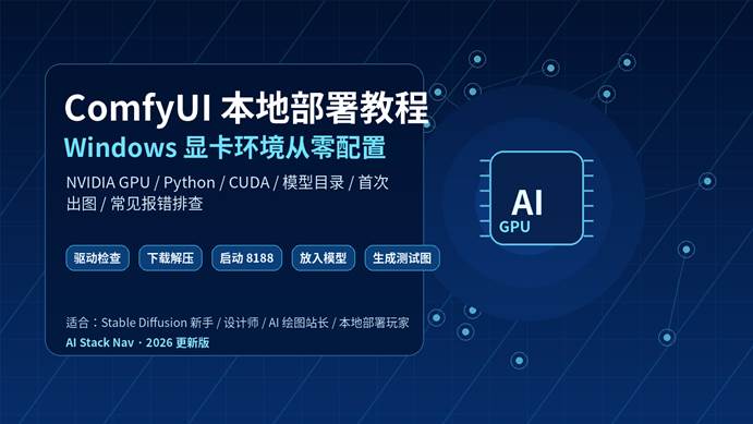 ComfyUI 本地部署教程封面图，深蓝科技感背景，展示 Windows 显卡环境配置、AI 节点流程和 GPU 图标。