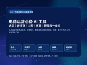 电商运营必备 AI 工具一条龙工作流封面图，展示选品、详情页、主图、客服和短视频环节