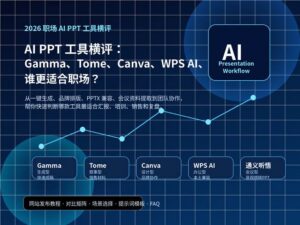 AI PPT 工具横评封面图，展示 Gamma、Tome、Canva、WPS AI 和通义听悟的职场使用场景对比