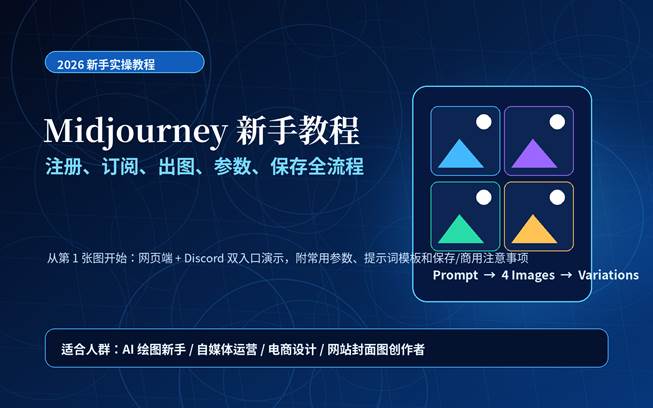 Midjourney 新手教程封面图，展示注册、订阅、出图、参数和保存全流程