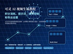 可灵 AI 视频生成教程封面图，深蓝科技感背景，包含积分消耗、提示词、镜头控制和导出设置关键词