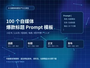 100 个自媒体爆款标题 Prompt 模板封面图，深蓝科技风背景，展示 AI 标题生产流程和内容平台关键词