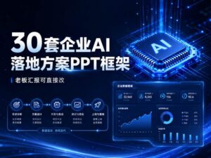 深蓝科技风封面图，标题为 30 套企业 AI 落地方案 PPT 框架，搭配 AI 芯片、流程节点、数据看板和发光效果。
