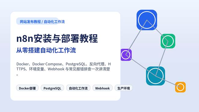 n8n安装与部署教程封面图，展示自动化节点、Docker部署和本地工作流平台