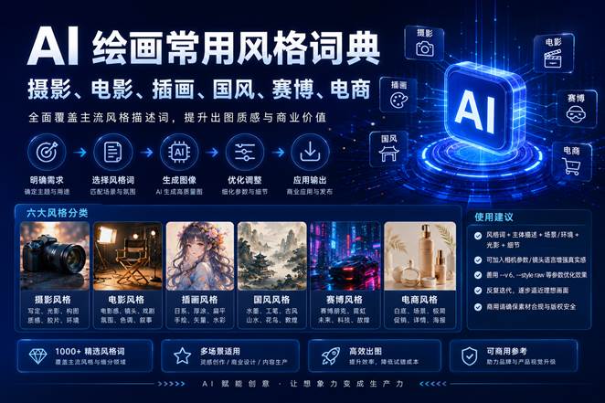 深蓝科技风封面图，标题为 AI 绘画常用风格词典，展示摄影、电影、插画、国风、赛博、电商六大 AI 绘画风格分类。