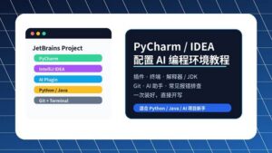PyCharm 和 IntelliJ IDEA 配置 AI 编程环境教程封面图,展示插件、终端、解释器和 AI 助手配置流程