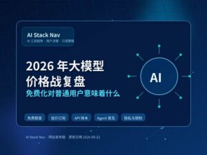 2026 年大模型价格战复盘封面图，深蓝科技背景，AI 图标、流程元素和发光效果，突出免费化对普通用户的影响
