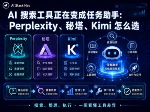 AI 搜索工具正在变成任务助手:Perplexity、秘塔、Kimi 怎么选,科技感蓝色封面图