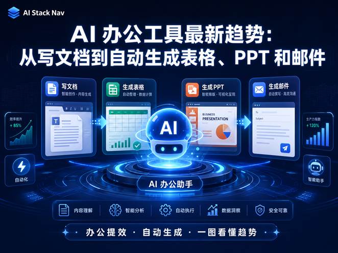 AI办公工具最新趋势封面图，展示从写文档到自动生成表格、PPT和邮件的智能办公流程