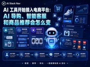 科技感深蓝色 AI 电商封面图，展示 AI 导购、智能客服、商品推荐和电商平台接入流程