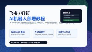 飞书和钉钉AI机器人部署教程封面图，展示Webhook、AI模型和自动化工作流连接流程