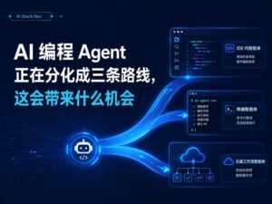 深蓝科技风封面图，展示 AI 编程 Agent 分化为 IDE、终端和云端工作流三条路线
