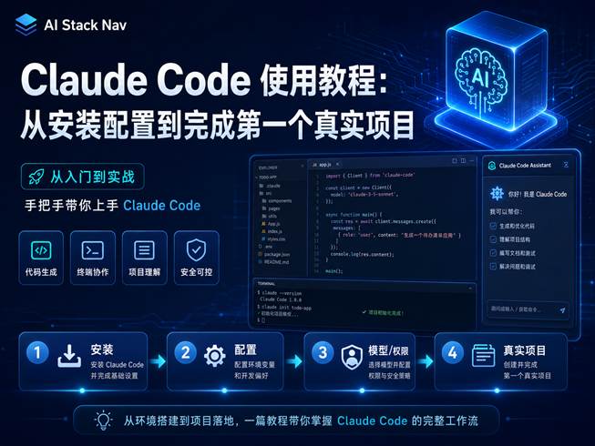 Claude Code 使用教程封面图，展示从安装配置到完成第一个真实项目的 AI 编程工作流。