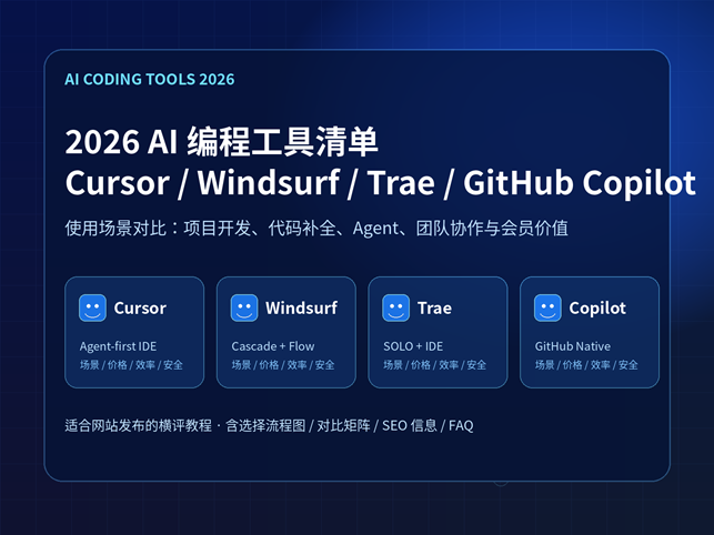 2026 AI 编程工具清单，Cursor、Windsurf、Trae、GitHub Copilot 使用场景对比