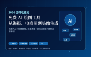 2026 免费 AI 绘图工具合集封面图，展示海报、电商图和头像生成场景