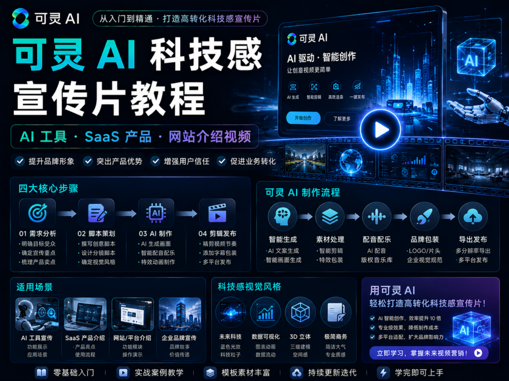 可灵 AI 科技感宣传片教程:AI 工具、SaaS 产品、网站介绍视频
