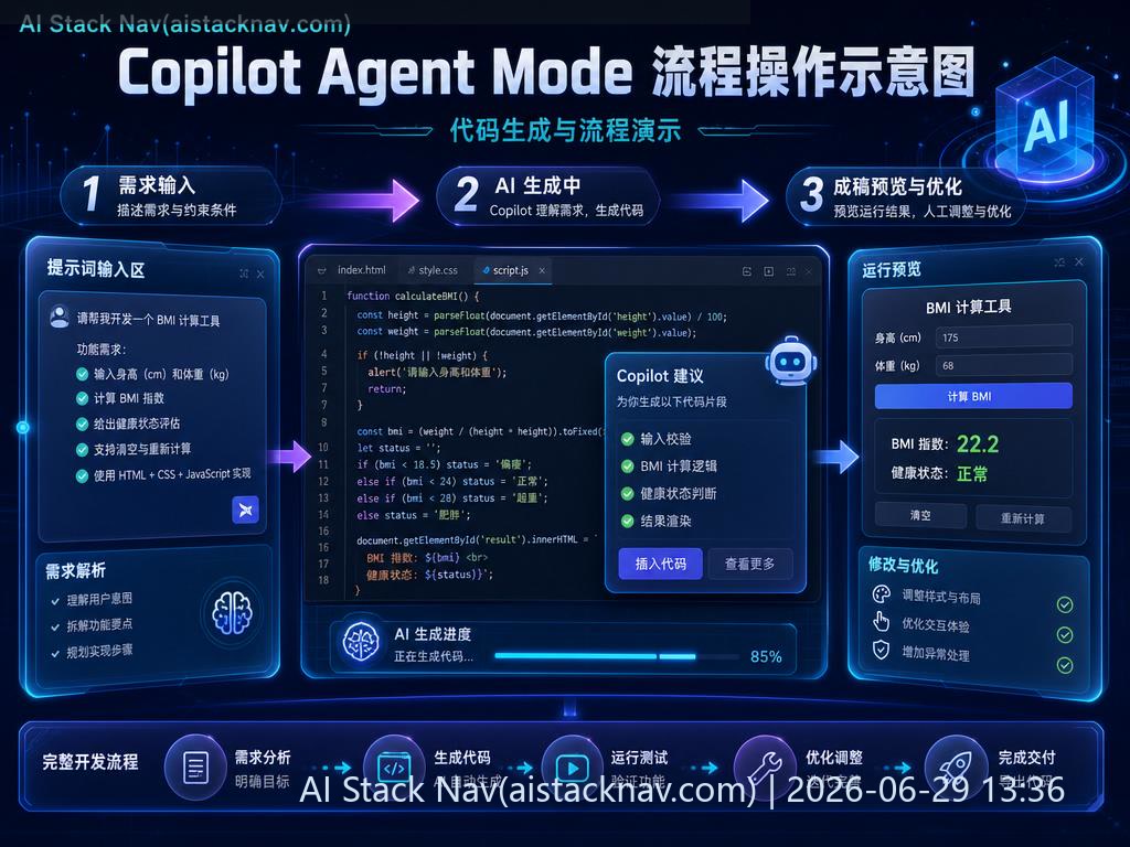 Copilot Agent Mode 流程操作示意图