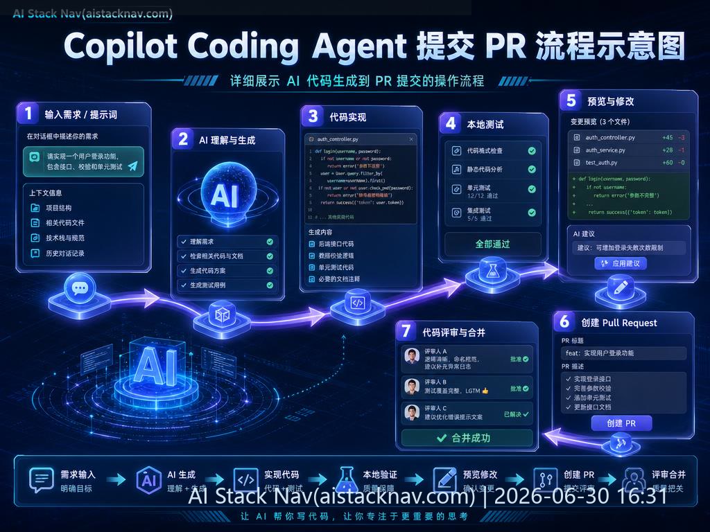 Copilot Coding Agent 提交 PR 流程示意图