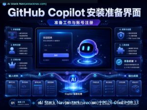 GitHub Copilot 使用教程封面，科技感蓝色背景，AI 图标与流程元素