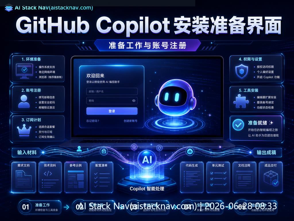 GitHub Copilot 使用教程封面，科技感蓝色背景，AI 图标与流程元素