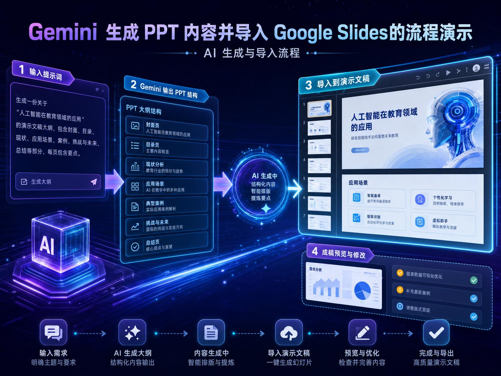 Gemini 生成 PPT 内容并导入 Google Slides 的流程演示