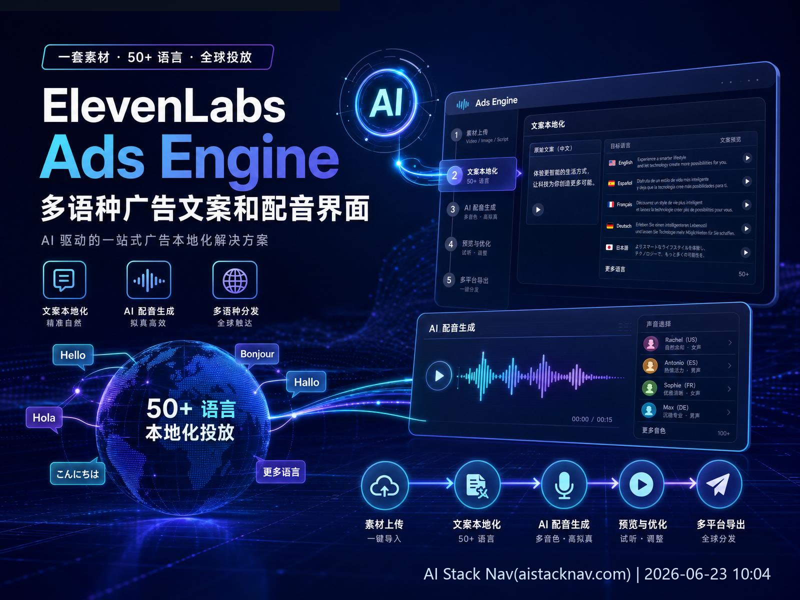 ElevenLabs Ads Engine 多语种广告文案和配音界面