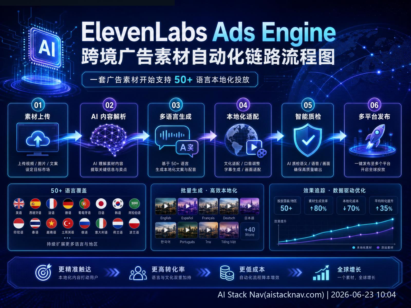ElevenLabs Ads Engine 跨境广告素材自动化链路流程图